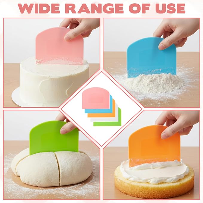 5 Pcs Plastic Bench Scraper, Dough Cutter Bench Scraper for Sourdough, Flexible Food-safe Bowl Scrapers Kitchen Tool for Baking Cake Bread Fondant Icing (White, Green, Orange, Blue, Pink)