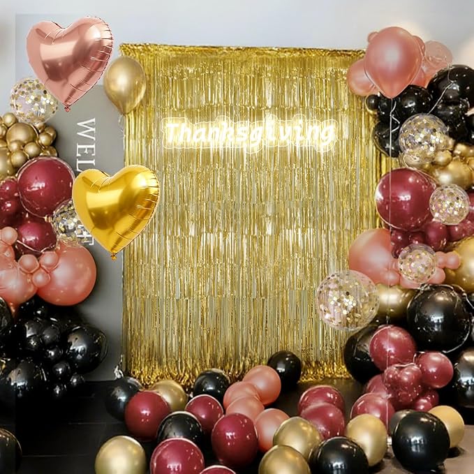 157PCS Burgundy Gold Black and Rose Pink Balloons Arch Garland Kit with Gold Fringe Curtain for Women Girls Birthday Bridal Shower Wedding Valentine's Day Party Decorations