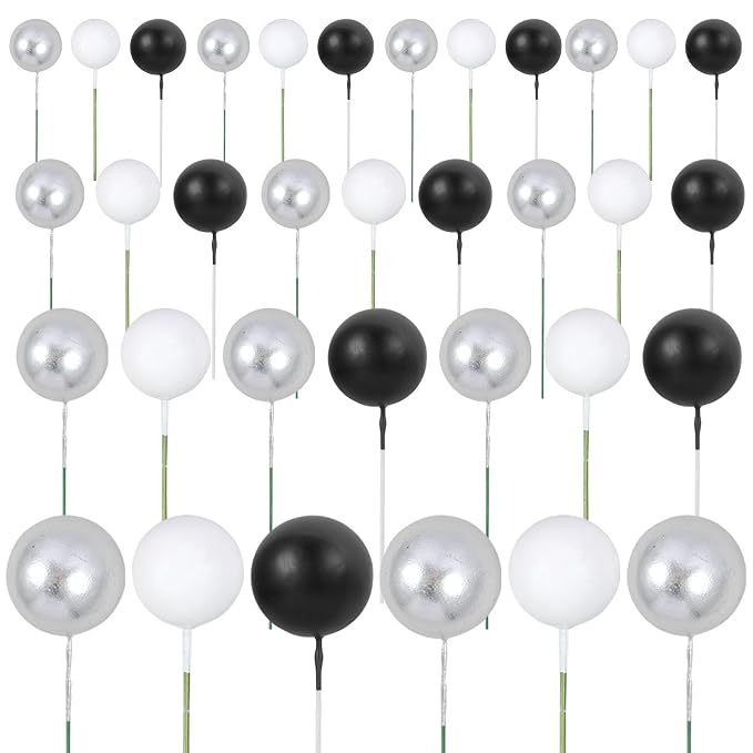 Gyufise 30Pcs Balls Cake Toppers Ball Picks Ball Shaped Cupcake Toppers Foam Balls Cake Topper Mini Balloons Cake Decorations for Wedding Baby Shower Birthday Party Supplies Black White Silver
