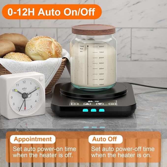 Sourdough Starter Warmer with Glass Dome, Warming Heating Pad Mat for Sour Dough Starter, Sourdough Heater Proofing Tool for Jars 24oz 34oz 40oz (Black)