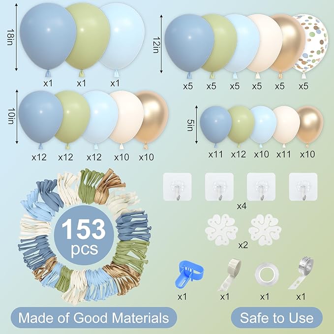 Amandir 153pcs Sage Green and Blue Balloon Garland Arch Kit, Different Sizes 18 12 10 5 inch Dusty Blue Sand White Latex Confetti Balloons for Boho Bridal Shower Birthday Party Decorations