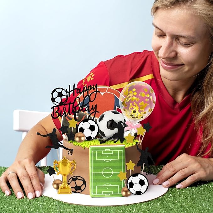 28 PCS Soccer Cake Topper Soccer Ball Player Cake Decorations with Ball Happy Birthday Topper for Boys Birthday Party Decorations Sport Themed Party Supplies