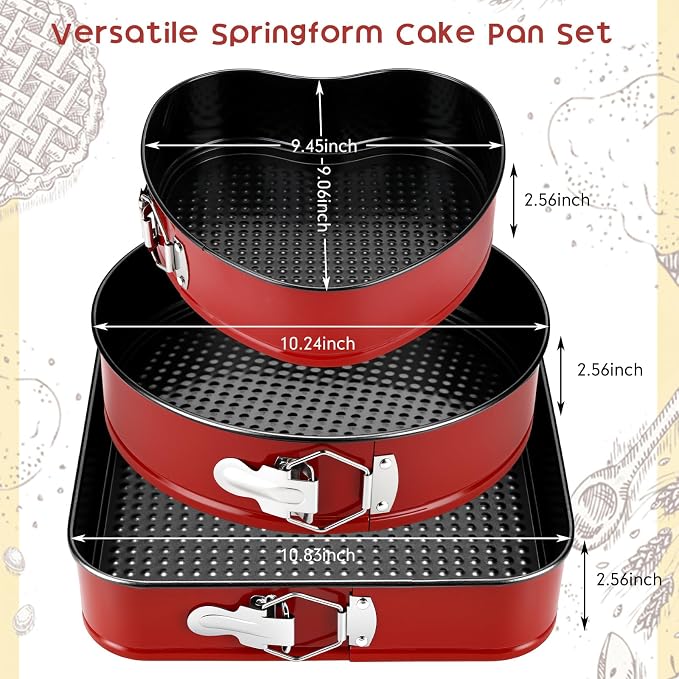Reallnaive 3 Piece Springform Cake Pan Set 8/9/10 Inch Square Heart Round Baking Pans Leakproof Nonstick Cheesecake Pans with Removable Bottom for Valentines, Birthday, Wedding Party