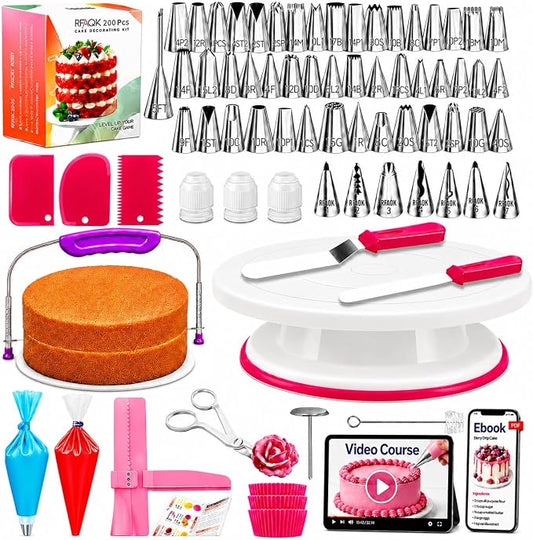 RFAQK 200PCs Cake Decorating Kit with Cake Turntable & Leveler, Baking Supplies Gift Includes 110+1 Piping Bags,55 Icing Tips,2 Frosting Spatulas, Adjustable Scraper, Complete Video Course & much more