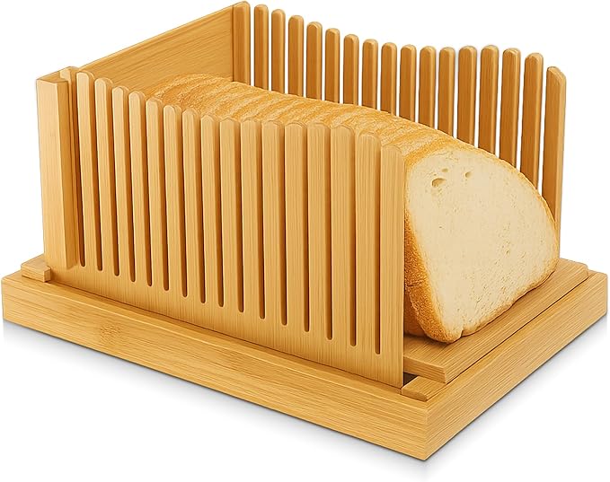Bread Slicer for Homemade Bread, Foldable Bamboo Bread Cutter with Adjustable Thickness, Crumb Catcher Tray, and Non Slip Base – Sourdough & Loaf Slicer for Bakers
