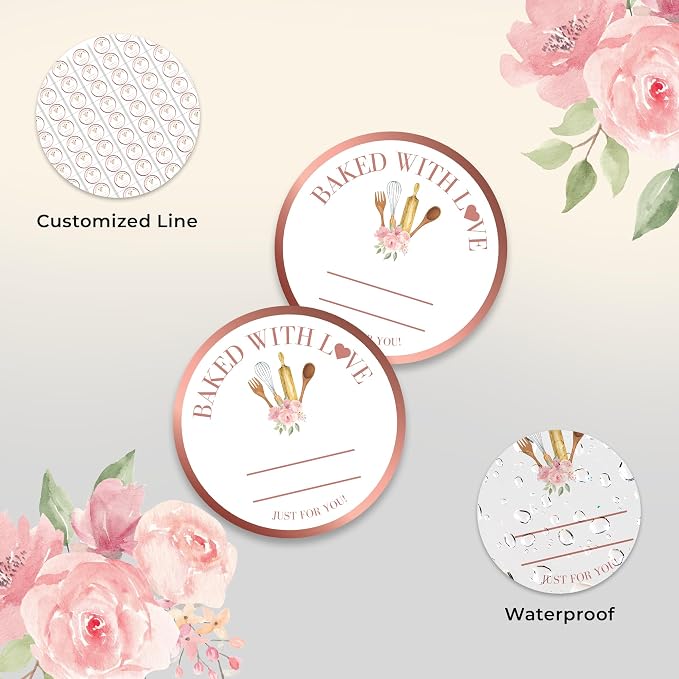 Mobiusea Creation Rosegold Baked with Love Stickers | 2 Inch 300pcs Packaging Labels for Baked Goods, Bakery Label Roll, Bread Sticker, Cookie Packaging & Baking Business Essentials