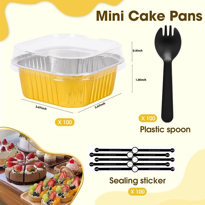 100 Pcs Mini Cake Pans with Lids, 5oz Square Aluminum Foil Brownie Baking Cups, Small Cake Tins with Lids, Disposable Ramekins, Mini Cake Containers For Wedding Birthday Party (Gold)