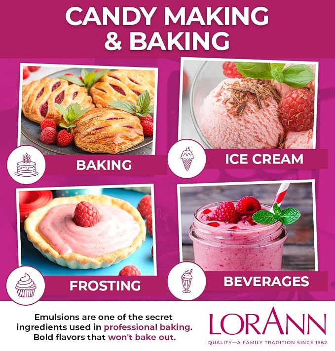 LorAnn Oils Raspberry Bakery Emulsion: True Essence, Ideal for Boosting Fruit Tones in Cakes, Cookies & Desserts, Gluten-Free, Keto-Friendly, Extract Substitute Essential for Your Kitchen, 4 Oz