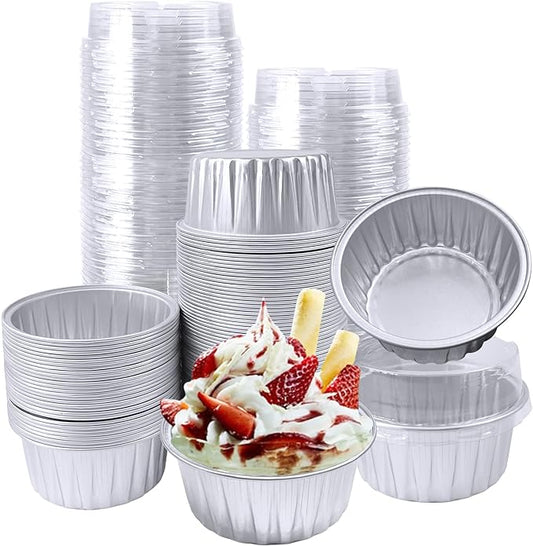 100Pcs Aluminum Cups with Lids,5oz Disposable Ramekin Baking Cups Muffin Liners Mini Pie Pans Foil Cupcake Containers for Christmas Party Wedding,Silver