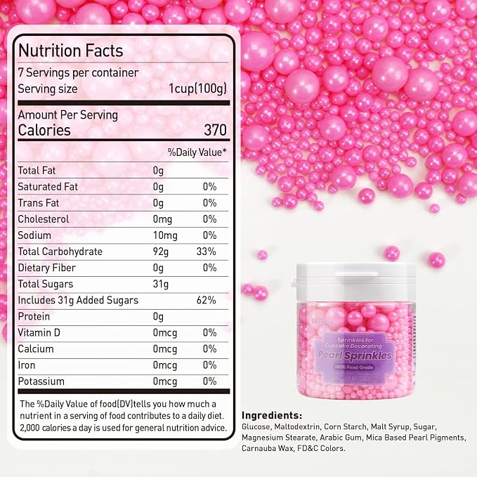 Dazzjoy Edible Hot Pink Pearl Sprinkles, Edible Sugar Candy, 130g/4.58oz, Pink Ball Pearls for Cake Decorating, Cupcake Toppers, Baking Cake Decoration, Wedding Party Holiday Supplies