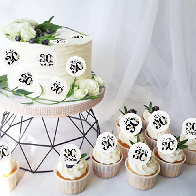 40Pcs Edible Circle Happy 30th Birthday Cupcake Toppers Edible Floral Hello 30 Fabulous Cheers to 30 Cupcake Picks Drink Toppers for Funny Female Floral 30th Birthday Party Decorations