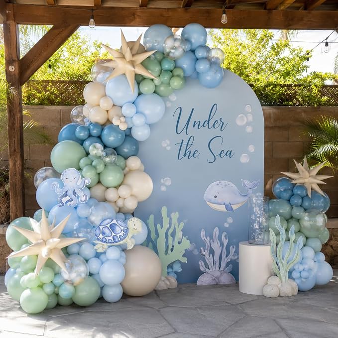 Under the Sea Balloon Arch Garland Kit with Dusty Blue Pastel Green Sand White Star Foil Balloon for Ocean Themed Birthday Baby Shower Party Decorations