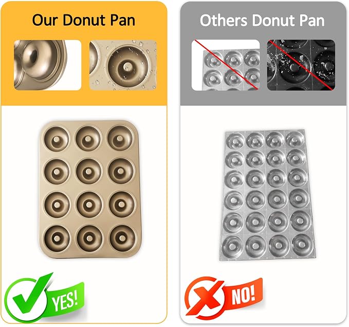 Donut Pans 2 Pack, Non-Stick 12-Cavity Donut Pan for Baking, Carbon Steel Doughnut Trays for Mini Bagels and Cake, Doughnut Bakeware Oven Baking (Gold)