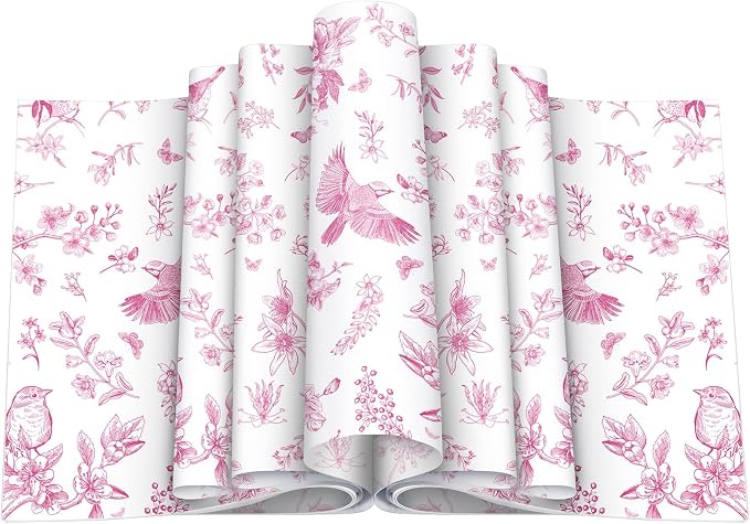 Feifeiya 200 Pcs Floral Wax Paper Sheet for Food Chinoiserie Bird Deli Paper Waterproof Sandwich Wrapping Greaseproof Food Basket Liners for Picnic Party Kitchen Supply, 9.8 x 8.7inch (Floral,Pink)