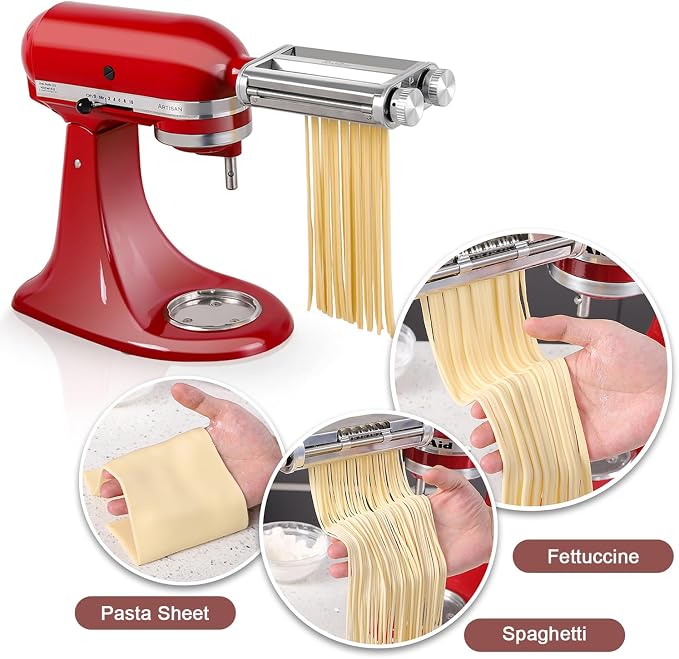 Pasta Maker Attachment for KitchenAid Stand Mixers, 3-in-1 Stainless Steel Pasta Roller & Cutter Set with Spaghetti and Fettuccine Blades, Includes 1 Metal Knob Screw Replacement