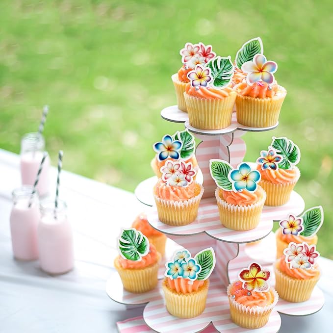 50Pcs Edible Frangipani Cupcake Toppers Edible Monstera Leaves Cupcake Picks for Hawaiian Floral Bridal Shower Engagement Wedding Cake Decors Hawaii Girls Birthday Party Decorations