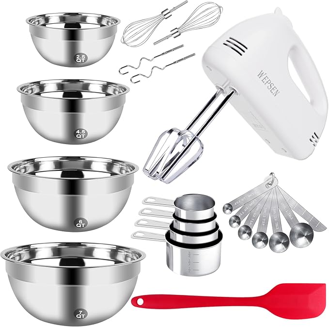 WEPSEN 5-Speed Electric Hand Mixer, 4 Large Mixing Bowls Set, Handheld Mixers with Whisks Beater, Stainless Steel Metal Nesting Bowl Measuring Cups Spoons Kitchen Cake Blender for Baking Supplies