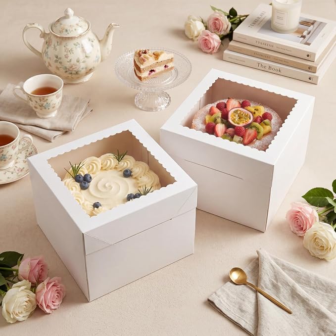 ZBEIVAN 24 Pack Cake Boxes 10x10x10 Inches White Bakery Boxes with Window, Large Square Cardboard Cake Carriers for Cakes