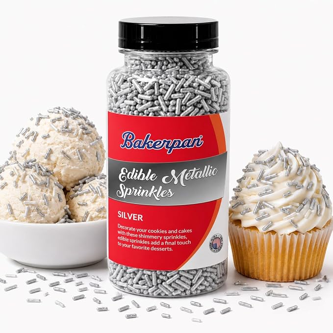 Bakerpan Edible Silver Jimmies Sprinkles 4.3 oz - Silver Sprinkles for Cake Decorating, Cupcakes, Cookies, Birthdays & Weddings | Kosher, Gluten-Free, Made in USA