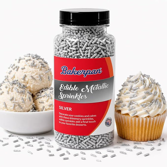 Bakerpan Edible Silver Jimmies Sprinkles 4.3 oz - Silver Sprinkles for Cake Decorating, Cupcakes, Cookies, Birthdays & Weddings | Kosher, Gluten-Free, Made in USA