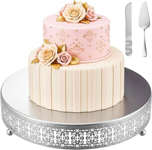 Wenqik Silver Cake Stand 12 Inch Metal Round Wedding Cake Stand with Cutting & Spatula Cupcake Dessert Cookies Display Holder Fruit Serving Tray for Wedding Birthday Anniversary Party