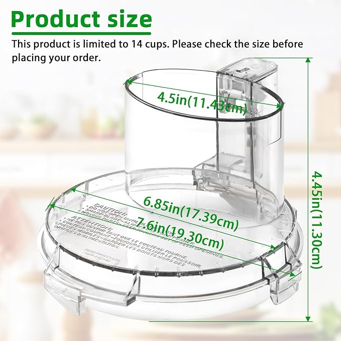 DFP-14NWBCT1 Food Processor Bowl Lid Replacement fit for Model DFP-14, Compatible with Cuisinart Food Processor DLC-005AGTXT1 Bowl, 4 Locking Knob(4.45 * 7.6in)