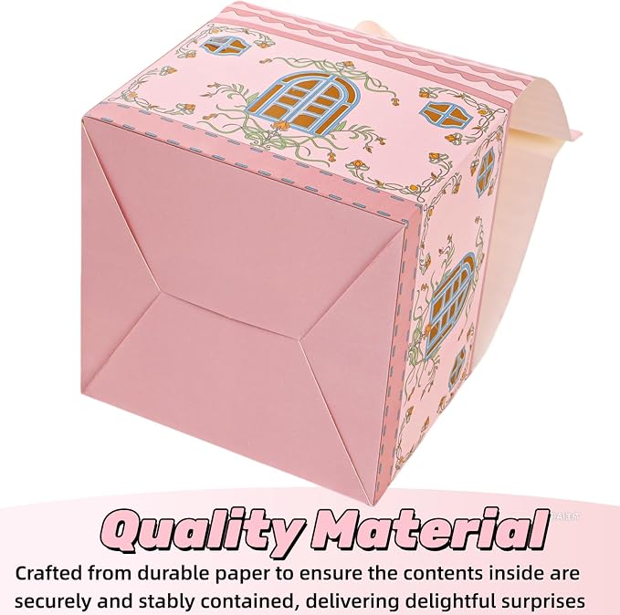 Covzoe 50 Pieces House Shaped Gift Boxes, Large Party Favor Treat Box with Handle Ribbons, 5.7 X 5.7 x 8.7 Inch Pink Gable Snack Goodie Cake Containers Bakery Packaging for Housewarming, Birthday, Wedding, Christmas, Valentine's Day