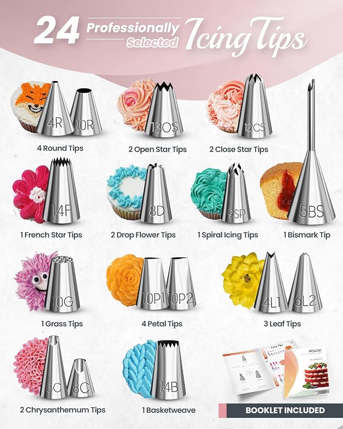 RFAQK 90PCs Cake Decorating Kit with Leveler, Baking Supplies Gift Includes Cake Stand Turntable, 24 Numbered Icing Tips, 55+1 Piping Bags, 2 Frosting Spatulas, 3 Scrappers, Video Course & Booklet
