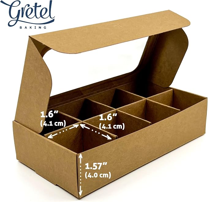 20pcs Kraft Treat Boxes with Window and Dividers | 8 X-SMALL compartments | 6.75 x 3.5 x 1.57 in | Empty candy boxes for gift giving, truffle box - perfect for Valentine's Day