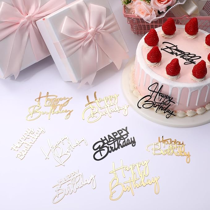 Barydat 50 Pcs Happy Birthday Cake Toppers Bulk Mirror Acrylic Cupcake Topper Decorations Happy Birthday Sign for Cake Inserts Decor Celebrate Anniversary Theme Party Supplies 10 Style(Mixed Colors)