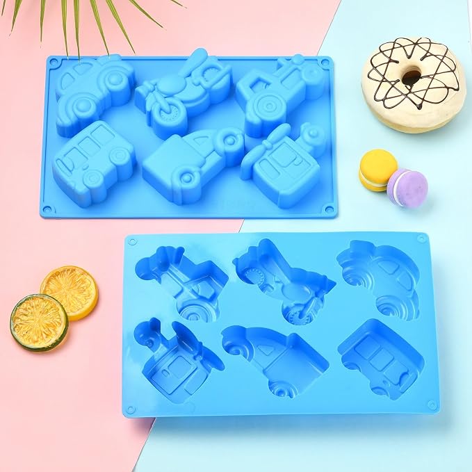 Ipotkitt Blue Car Theme Silicone Molds Vehicle Bus Transportation Candy Molds for Candy Chocolate Jelly Cake Ice Crafts, 2pcs, 6 Cavities
