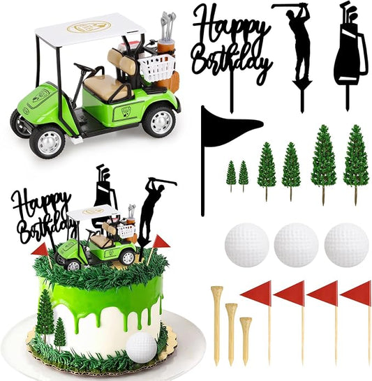 Hooqict 21 Pieces Golf Cake Decorations with Mini Cart, Balls, Clubs, Red Flags, Green Cake Toppers & Cupcake Toppers for Men Sports Golf Themed Birthday Party Decorations Supplies