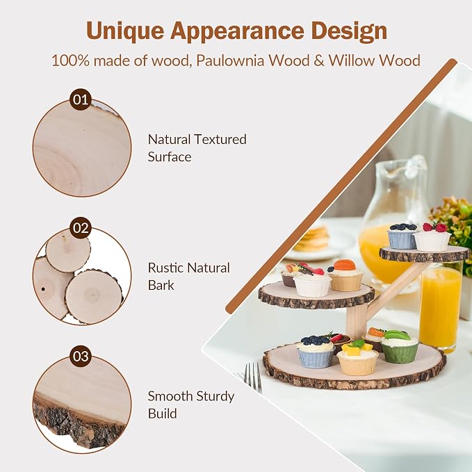 GENMOUS Wooden Farmhouse Style Cake Stand - Multifunctional 3-Tired Wedding Cake Stand Wood & Display Serving Tray Platter, for Appetizers Desserts Charcuterie Board