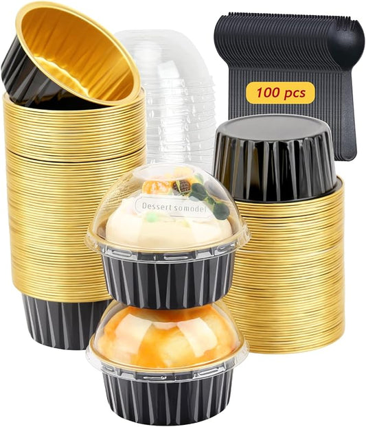 5oz Mini Cake Baking Pans with Lids 100 Pack,LNYZQUS Disposable Aluminum Cupcake Pan Small Muffin Tins,Mini Foil Baking Cups Containers for Custard Creme Brulee-Black