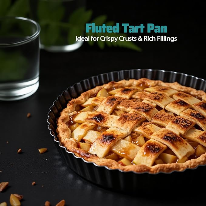 Tart Pan 2 Pack,10 Inch Non-Stick Carbon Steel Quiche Pan with Removable Loose Bottom, Deep 1.2 Inch Tart Pie Pan for Mousse Cake, Apple Pie, Cheesecake