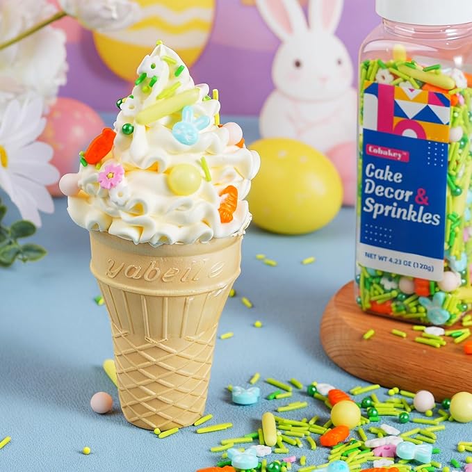 Easter Sprinkles Mix, 4.23 oz Pastel Bunny Rabbit and Carrot Flower Confetti Jimmies, Nonpareils for Cake Decorating, Cookie, Cupcake, Ice Cream Topper, Baking Toppings - Spring, Birthday Party Supplies