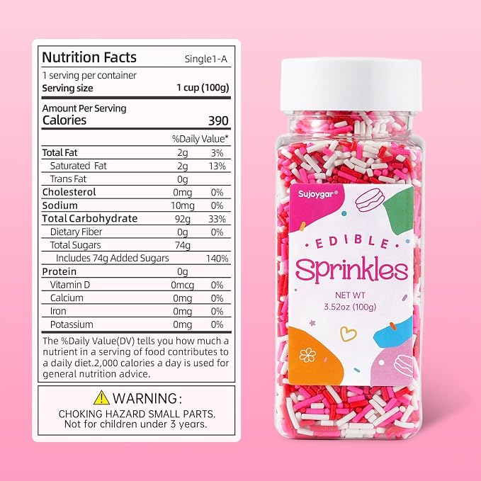 Red Pink and White Sprinkles, 100g Valentines Jimmies Sprinkles for Cupcake Toppers Cake Decorating Cookies Baking Dessert for Valentines Girls Pink Party Food Decorations