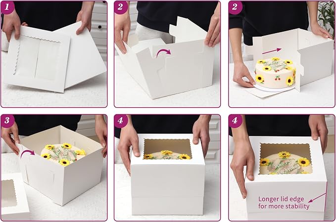 Moretoes Tall Cake Boxes 10x10x8 Inches with Window 10pcs Cajas Para Pasteles Cake Box 10 Inch for Donuts, Pie, Cookies, Valentine's Day, Mother's Day, Wedding, Birthday (White)