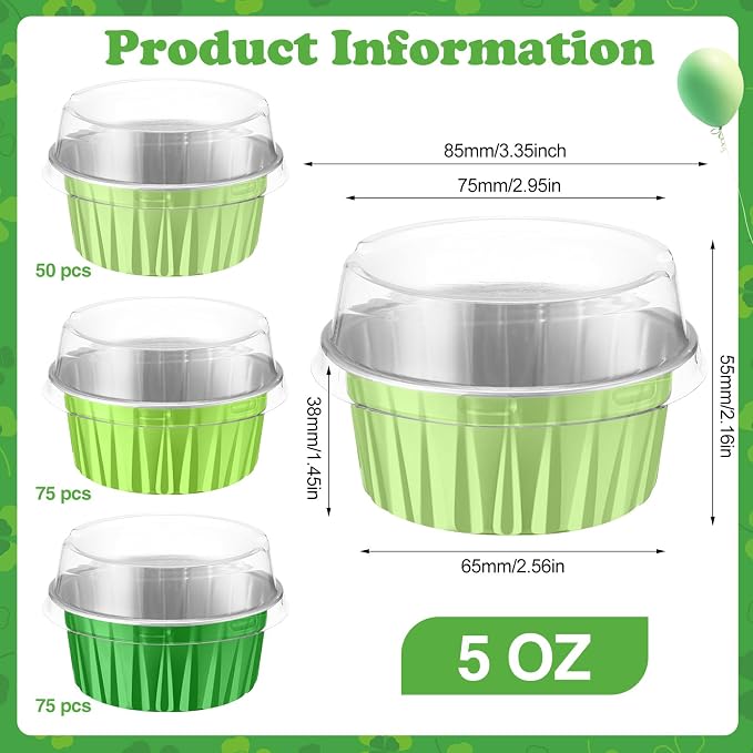 200 Pack Aluminum Foil Cupcake Liners with Lids, 5 oz Round Baking Cup, Disposable Ramekin Container for Graduation Wedding Independence Day Party(Green Set,Plain)
