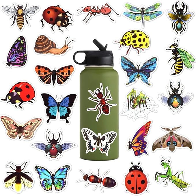 50 Pcs Insect Stickers for Kids Teens Water Bottles Laptops Scrapbook Decoration Party Favors Classroom Rewards Butterfly Ladybug Bug Theme Waterproof Vinyl Decals