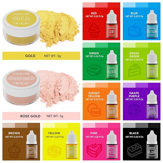 Luster Dust 2 Color & Food Dye Coloring 10 Color Set, Edible Food Coloring Liquid and Shimmer Cake Dust Metallic Food Coloring Powder Glitter for Cake Decorating Baking Fondant Gumpaste Drinks Cookie