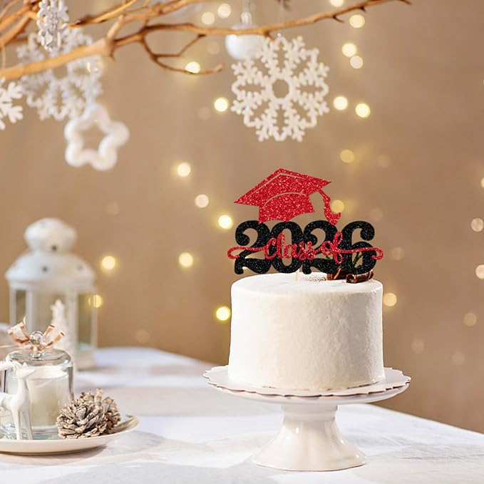 1 Pack Class of 2026 Cake Topper Glitter Congrats Grad Cap 2026 Graduation Cake Pick for 2026 Graduation Theme High School Boys Girls Graduate Party Cake Decorations Supplies Black Red