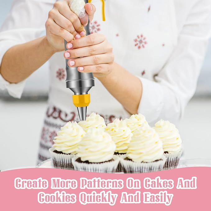 Uiifan 2 Sets Icing Decoration Gun Set Dessert Decorating Decorator Syringe Cake Decorating Tool and 12 Pcs Russian Piping Icing Nozzles Cupcake Filling Injector Cake Tool for Baking(Pink, Yellow)