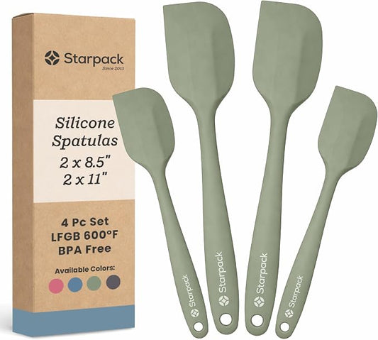 Starpack 'Scrape and Stir' Silicone Rubber Spatula Set (4-Piece) - LFGB Non Toxic, 600°F Heat Resistant, BPA-Free, One-Piece Kitchen Baking Spatulas - Dishwasher Safe for Nonstick Cookware Sage Green