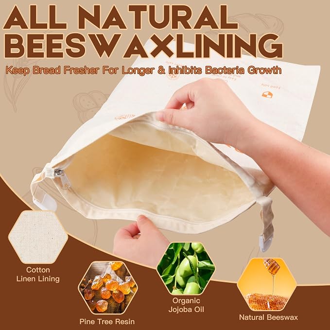 2-Pack Reusable Beeswax Bread Bags for Homemade Bread & Sourdough,Eco-Friendly Bread Storage with Zipper Seal, Freshness Keeping & Freezer Safe, 17"x13" Linen Bags, Bakery Essentials