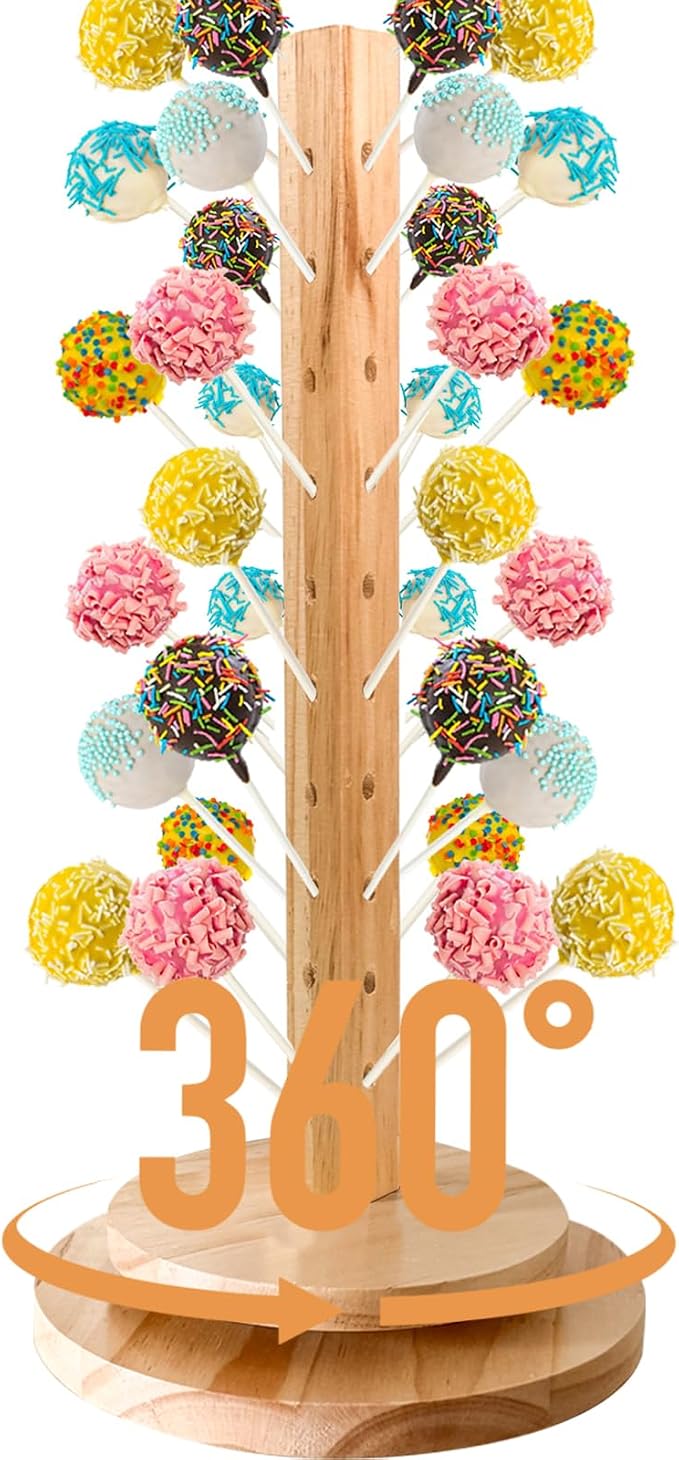 Wood Cake Pop Stand 36 Holes with Spinning Base,Cake Pop Holder Stand for Dessert Table,Lollipop Holder Candy Table Display, Dessert Stand for Wedding Birthday Baby Shower Parties Anniversaries (1 Pack)
