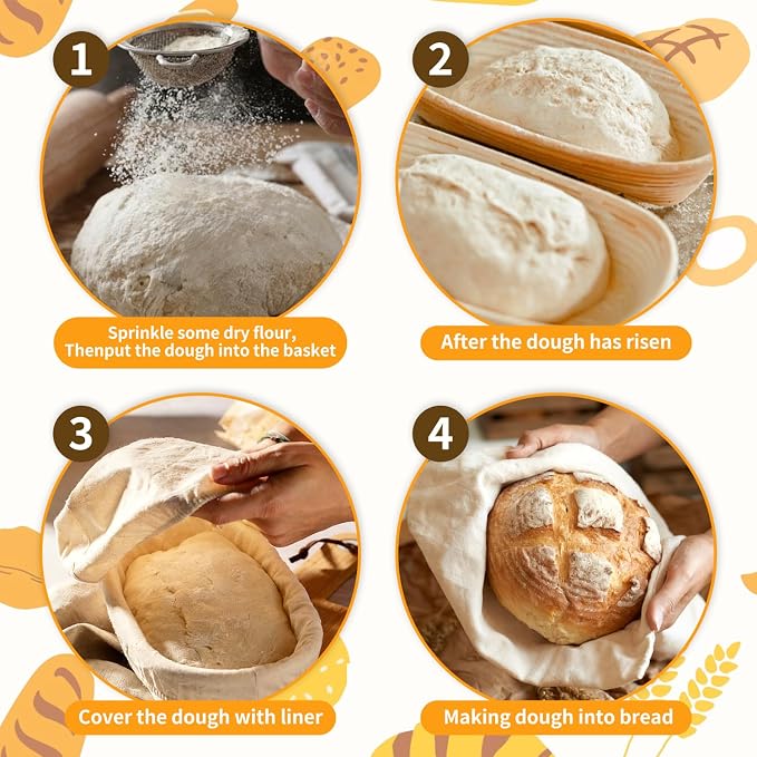GEMLORD Oval Banneton Bread Proofing Basket Set of 8, 10 Inch Sourdough Proofing Bowl with Cloth Liner and Dough Scraper, Natural Rattan Sourdough Baking Basket for Home & Professional Bakers