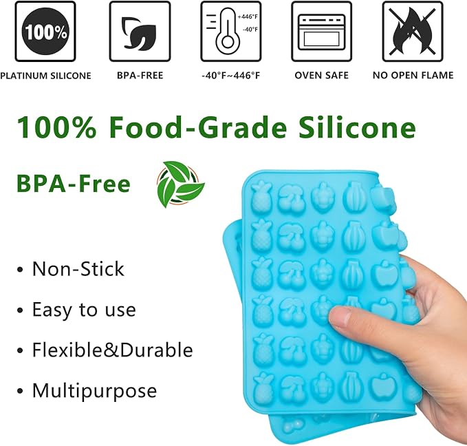 5 PCS Silicone Gummy Molds, Food Grade Non-Stick Candy & Chocolate Mold Fruit Snack Molds BPA-Free with 2 Droppers Including Mini Dinosaur, Bear, Heart, Fruit, and Donut (Blue)
