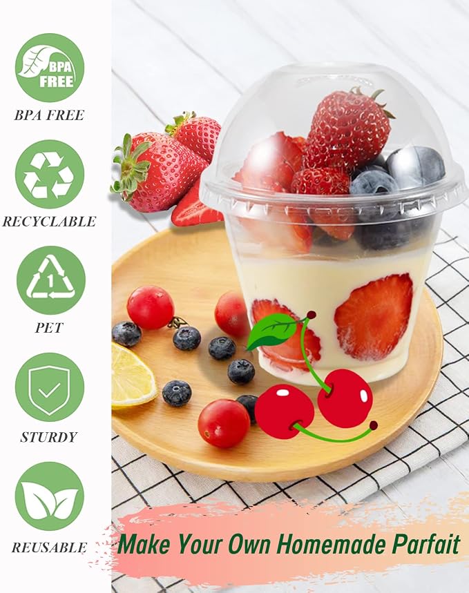 50 Sets 9 oz Clear Plastic Cups with Insert & Dome Lids(NO HOLE) - Disposable Parfait Cups with Lids for Fruit Yogurt Smoothie Iced Cold Drinks Dips and Veggies, No Leaking
