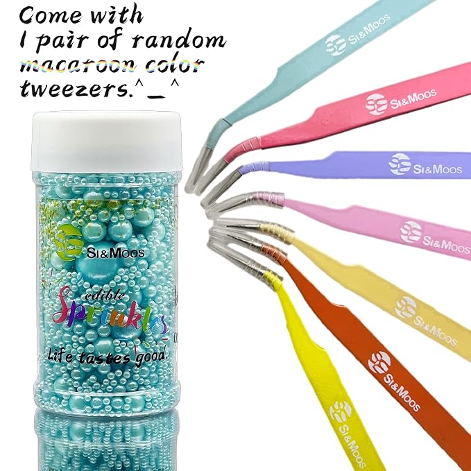 SE Si&Moos Baby Blue Edible Pearls Light Blue Pearl Sprinkles for Cake Decorating Edible Cake Sugar Pearls Halloween Christmas Cookie Decorations Edible Baby Shower Cake Decorations for Cakes,Cupcakes Toppers 3.5 OZ with Tweezers
